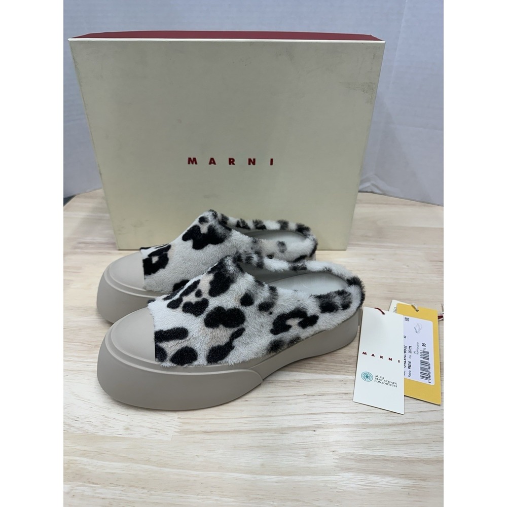 MARNI Women's 38 Leopard Print Animalier Fur Slip On Shoes Slippers - New